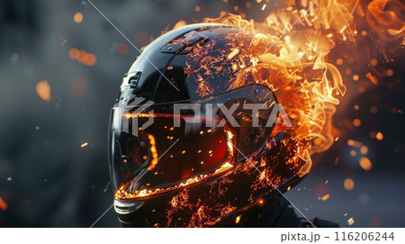burning motorbike helmet, apocalyptic picture symbolizing the speed and lifestyle of motorcyclist 116206244