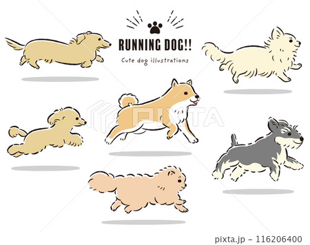 走る犬たちの手描きイラストセット 116206400