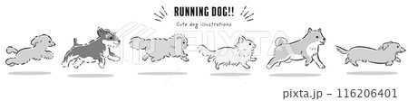 走る犬たちの手描きイラストセット（白黒） 116206401