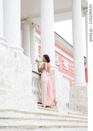 beautiful elegant brunette woman in pink dress beautiful elegant brunette woman in pink dress 116206420