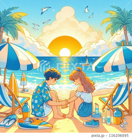浜辺で夕日を眺めるカップル 浜辺で夕日を眺めるカップル 116206895