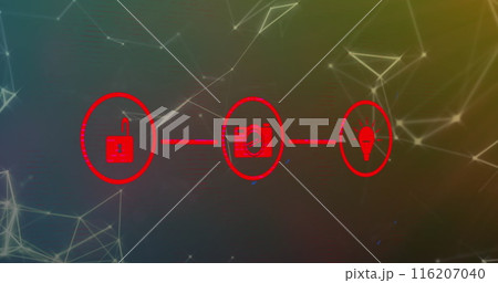 Image of network of digital icons and plexus networks against gradient background Image of network of digital icons and plexus networks against gradient background 116207040
