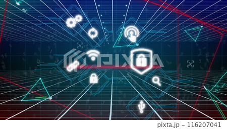Image of digital icons and plexus networks over grid network on blue background 116207041