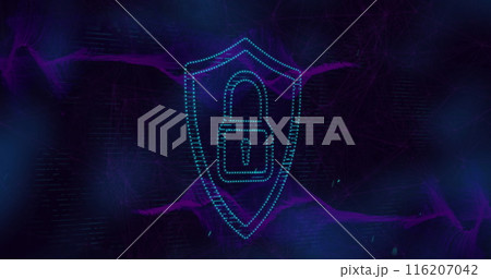 Image of security padlock icon, light spot and purple digital waves against black background Image of security padlock icon, light spot and purple digital waves against black background 116207042