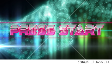 Image of press start text banner and digital wave against colorful light trails 116207053