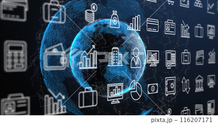 Image of multiple digital icons and network of connections over a globe against blue background Image of multiple digital icons and network of connections over a globe against blue background 116207171