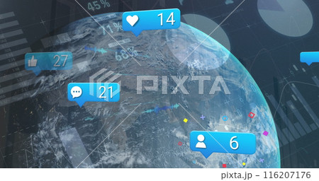 Image of social media icons and statistical data processing over a globe against blue background 116207176