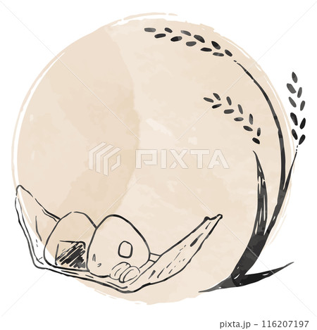 墨絵風の稲とおにぎりのセット、水彩の円形フレーム、手書き 116207197