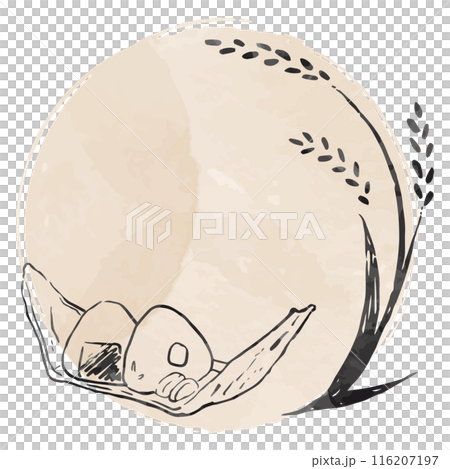 一套 sumi-e 風格的米飯和飯糰，水彩圓形框架，手繪 116207197