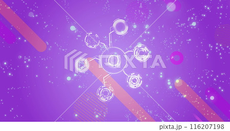 Image of network of digital icons and glowing spots against purple background 116207198