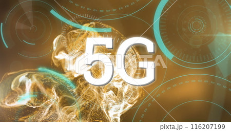 Image of 5g text banner, round scanners and digital wave on orange gradient background 116207199