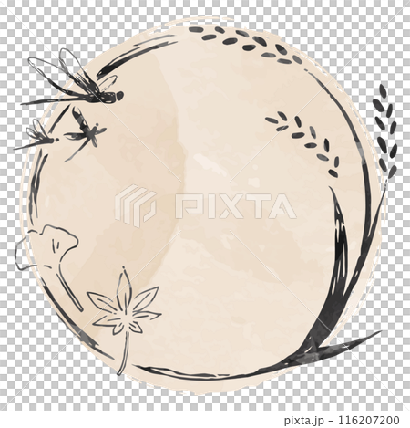 稻、蜻蜓、銀杏和秋葉的圓形框架，墨水風格，水彩框架，手繪 116207200