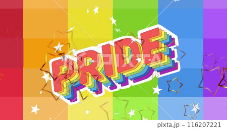 Image of pride text over stars and rainbow background Image of pride text over stars and rainbow background 116207221