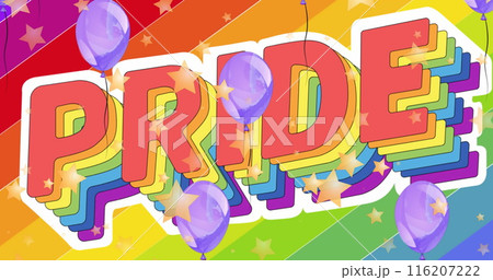 Image of pride text over balloons and rainbow background 116207222