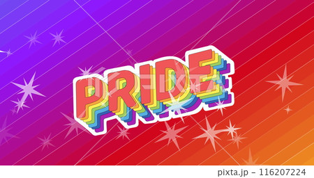 Image of pride text over stars and rainbow background 116207224