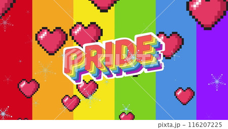 Image of pride text over hearts and rainbow background 116207225