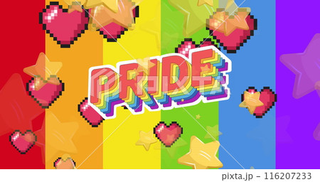 Image of pride text over hearts, stars and rainbow background Image of pride text over hearts, stars and rainbow background 116207233