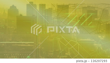 Image of loading circles, lines and navigation pattern over modern city against sky Image of loading circles, lines and navigation pattern over modern city against sky 116207293