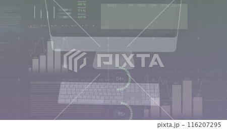 Image of infographic interface over overhead view of desktop and keyboard on table Image of infographic interface over overhead view of desktop and keyboard on table 116207295