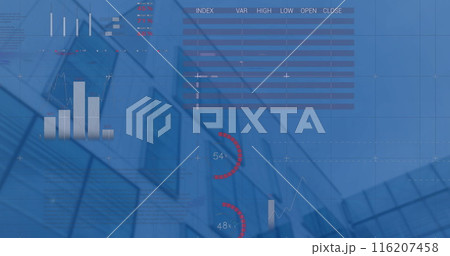 Image of statistical data processing against low angle view of tall building Image of statistical data processing against low angle view of tall building 116207458
