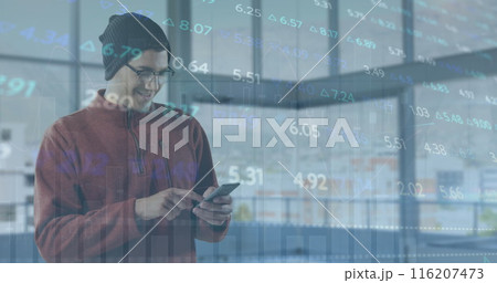 Image of stock market data processing against caucasian man smiling while using smartphone Image of stock market data processing against caucasian man smiling while using smartphone 116207473