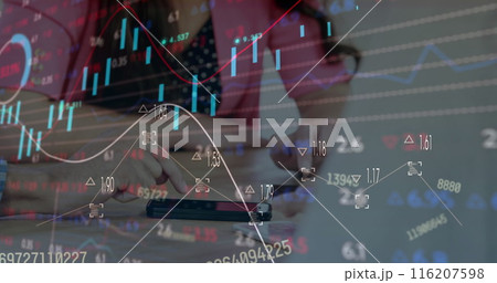 Diverse friends, analyzing stock market trends on smartphone 116207598