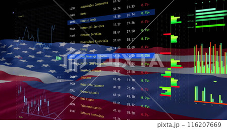 Image of financial data processing over flag of united states of america and russia 116207669