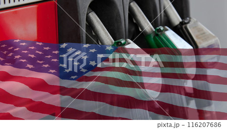 Image of petrol pumps and flag of united states of america 116207686
