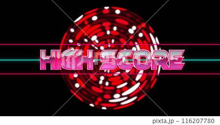 Image of high score text banner over abstract red circular shapes against black background Image of high score text banner over abstract red circular shapes against black background 116207780