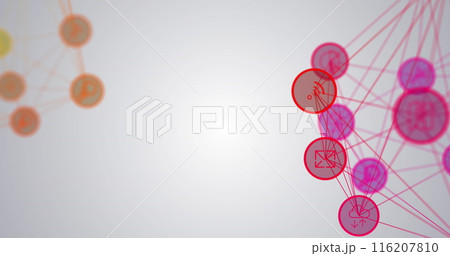 Image of pink and yellow networks of media icons floating on white background 116207810