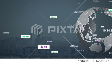 Image of social media icons over spinning globe against aerial view of cityscape 116208057