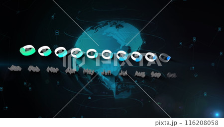 Image of calendar data processing and light spot over spinning globe against black background 116208058