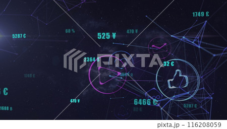 Image of network of digital icons and light spot against space in background Image of network of digital icons and light spot against space in background 116208059