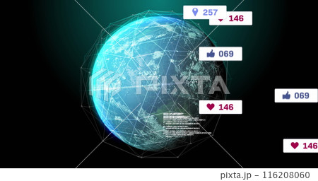 Image of notification bars and connected dots around globe over black background 116208060