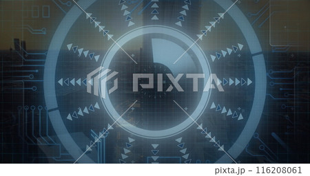 Image of arrow in loading circle and circuit board pattern over aerial view of modern buildings 116208061