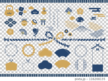 シンプルで可愛い藍色の和フレームとあしらい イラスト装飾セット シンプルで可愛い藍色の和フレームとあしらい イラスト装飾セット 116208135