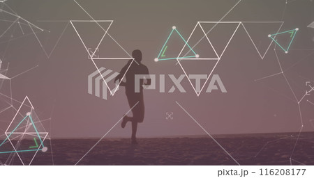 Image of multiple triangles over silhouette of african american man running on beach Image of multiple triangles over silhouette of african american man running on beach 116208177