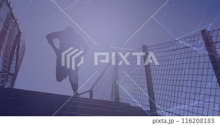 Image of connected dots over low angle view of african american man running up stairs Image of connected dots over low angle view of african american man running up stairs 116208183