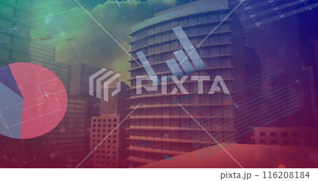 Image of abstract pattern and infographic interface over modern buildings against cloudy sky Image of abstract pattern and infographic interface over modern buildings against cloudy sky 116208184