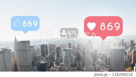 Digital multiple colorful orange floating against aerial view of cityscape 116208218