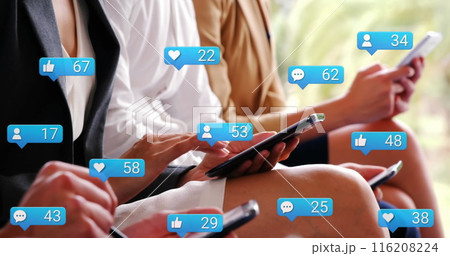 Image of notification icons with increasing number over diverse colleagues using technology 116208224