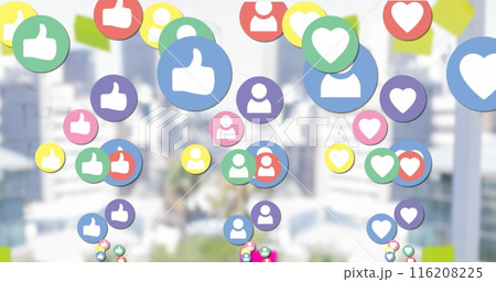 Image of colorful profile, heart and like icons over aerial view of modern cityscape 116208225