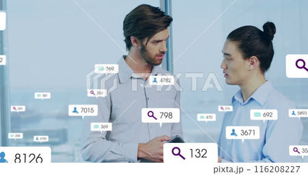 Image of multiple notification bars over diverse coworkers discussing reports on digital tablet 116208227