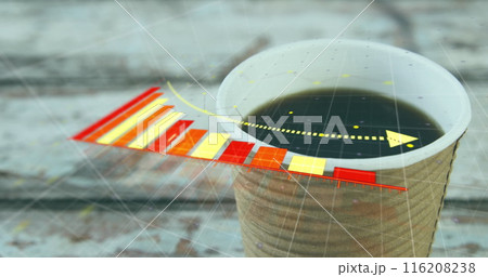 Image of arrow on falling bar graph over overhead view of coffee cup on wooden table Image of arrow on falling bar graph over overhead view of coffee cup on wooden table 116208238