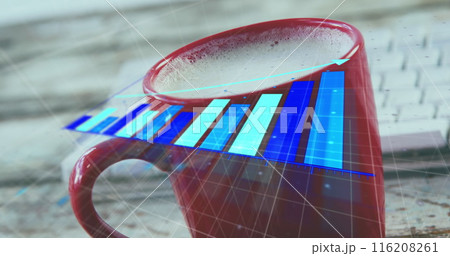 Image of arrow on growing bar graph over milk in cup and keyboard on wooden table 116208261