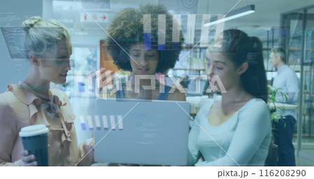 Image of graphs, radars and computer language, diverse female coworkers discussing on laptop Image of graphs, radars and computer language, diverse female coworkers discussing on laptop 116208290