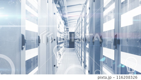 Image of light bulb icons over moving bars on data server racks in server room 116208326
