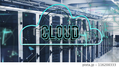Image of cloud text in cloud over connected dots on data server racks in server room 116208333