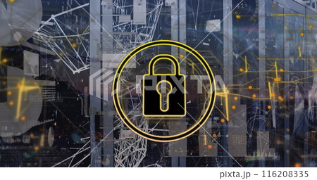 Image of padlock in circles over graphs, connected dots and globe on data server racks 116208335
