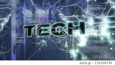 Image of tech text with computer language and navigation pattern over server room Image of tech text with computer language and navigation pattern over server room 116208336